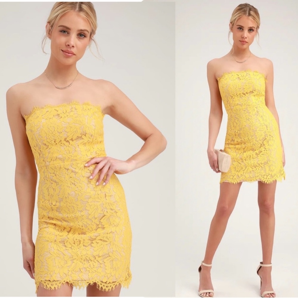Lulu’s Maci Yellow Lace Mini Dress Size Small Strapless Eyelash Lace Easter